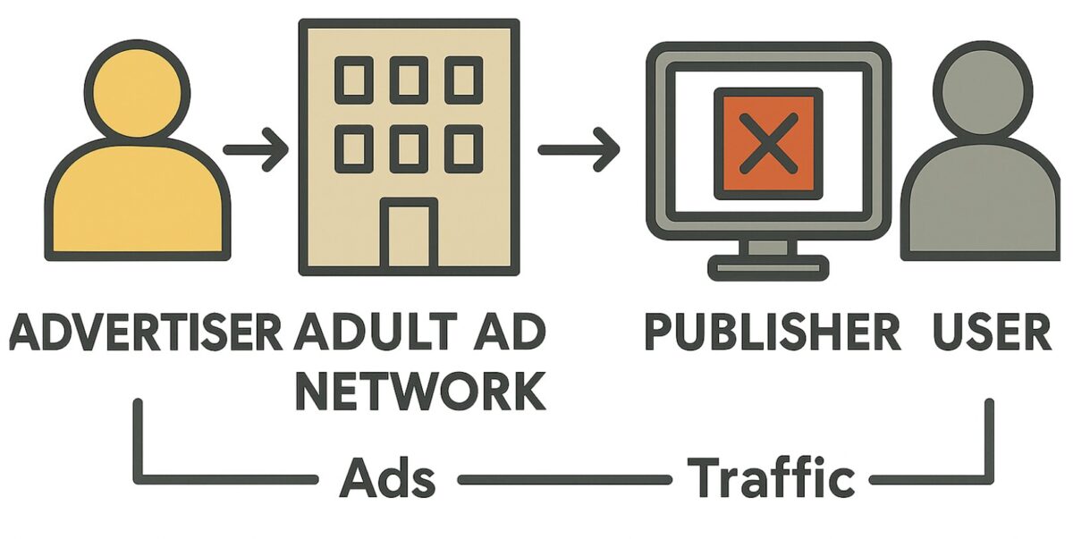 Graphic showing how an Advertiser on an adult ad netowrk gets traffic from a publisher and end user.