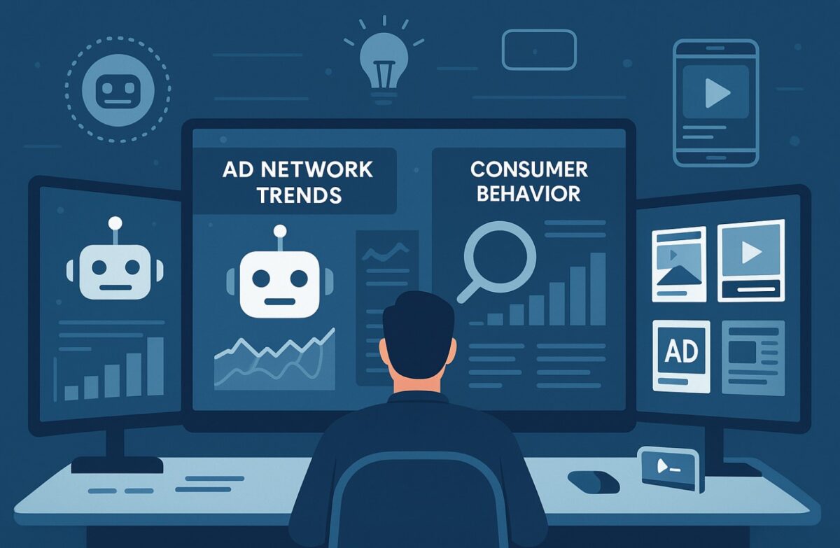 A user viewing Ad Network Trends and Consumer Behavior on his computer screens.
