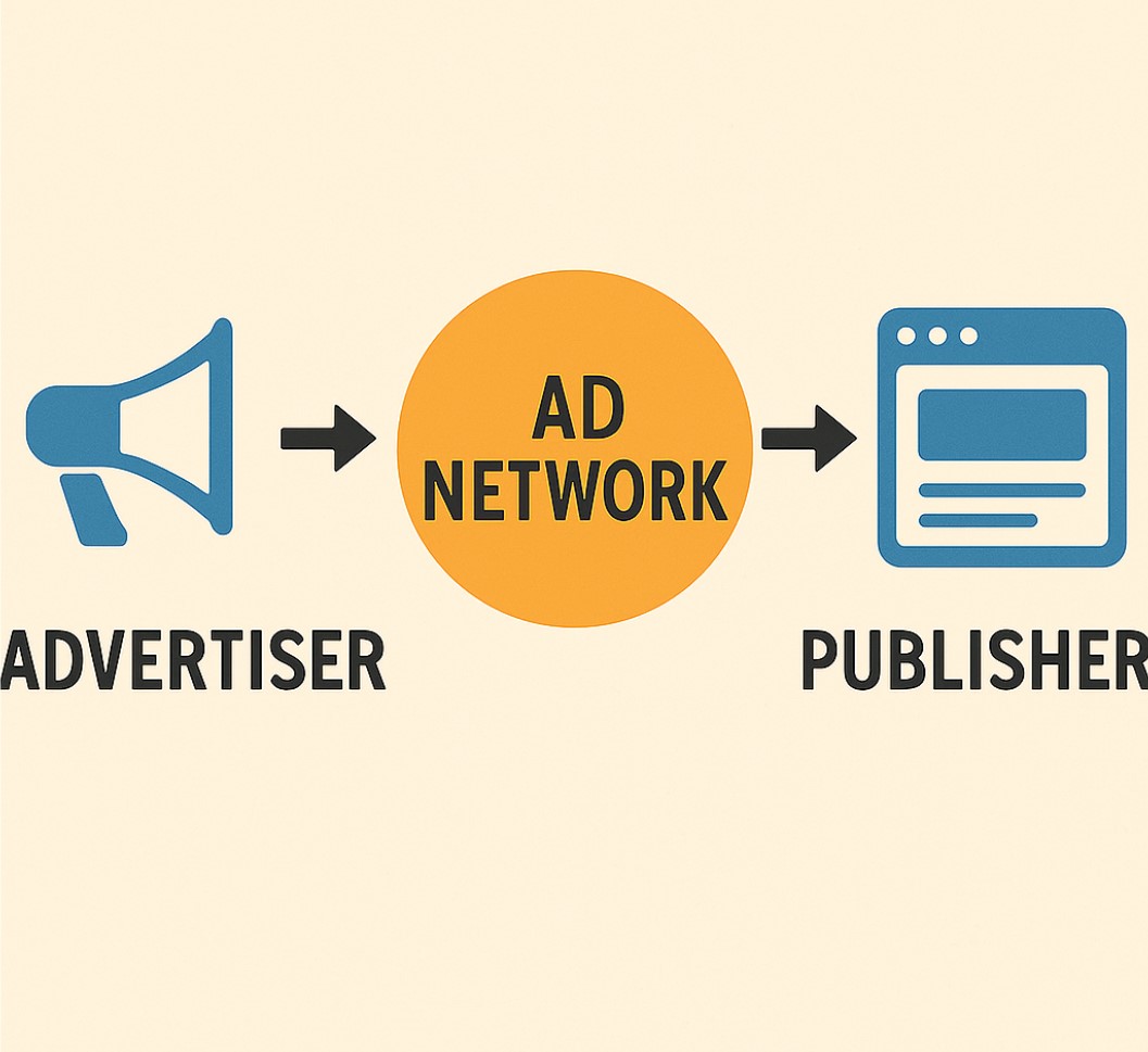 Ad flow diagram showing Advertiser, Ad Network, and Publisher with icons and clear labels.