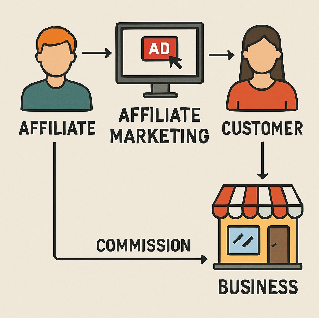 A diagram showing how affilaite marketing works.