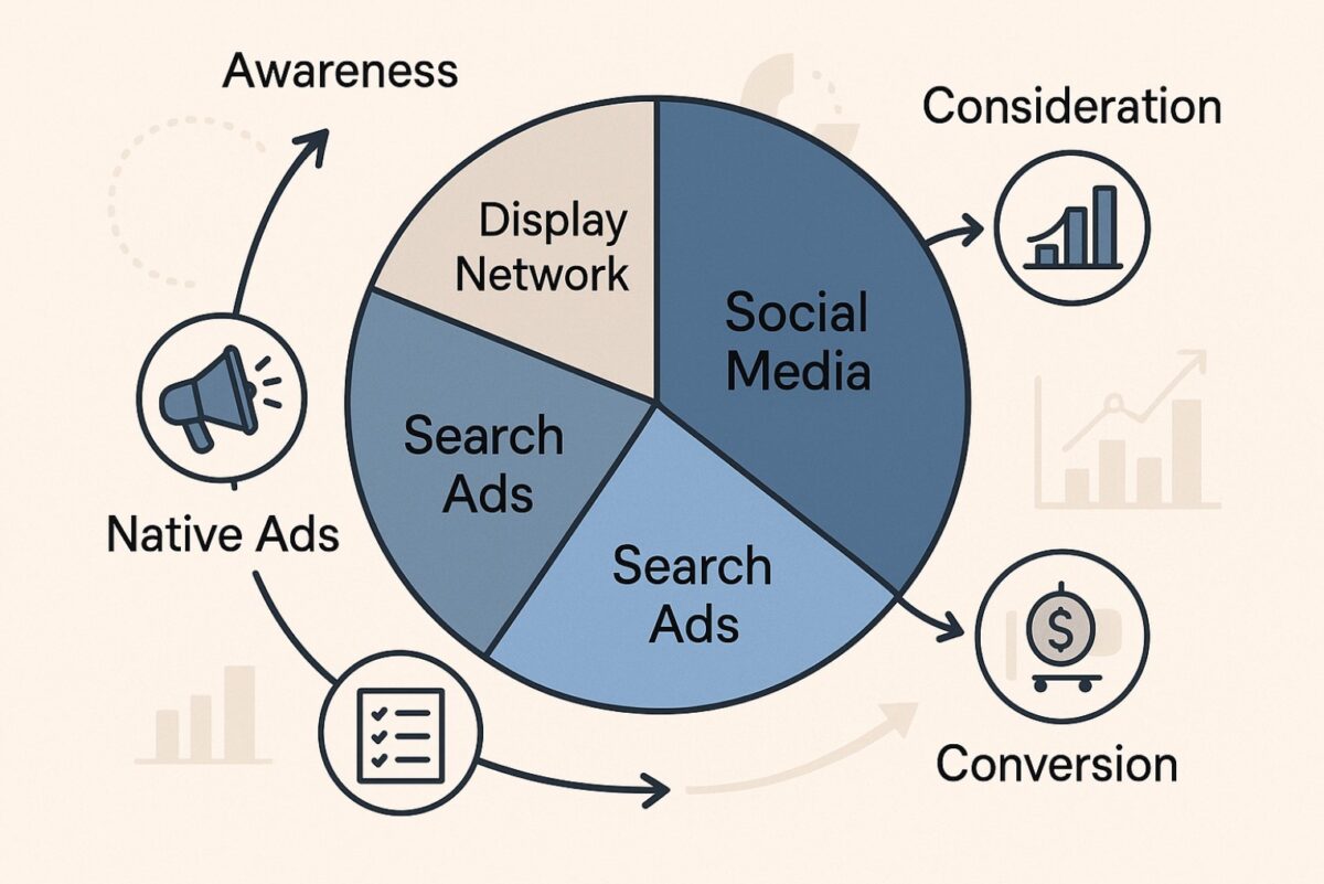 An Awareness and Consideration ad flow chart with various icons and graphics.