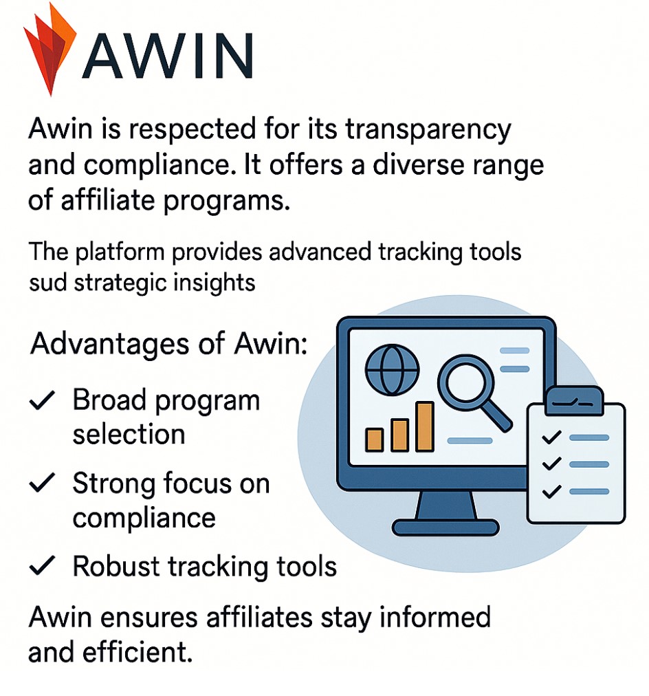 Awin graphic showing the pros of using their affiliate marketing system.