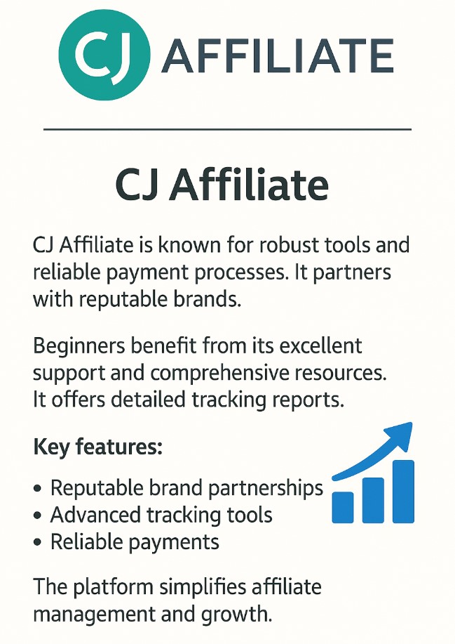 A graphic showcasing CJ Affiliate and their known key features for affiliate marketers.