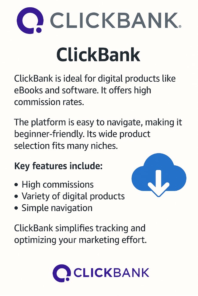 Infographic showcasing ClickBank and the key features included when using them.