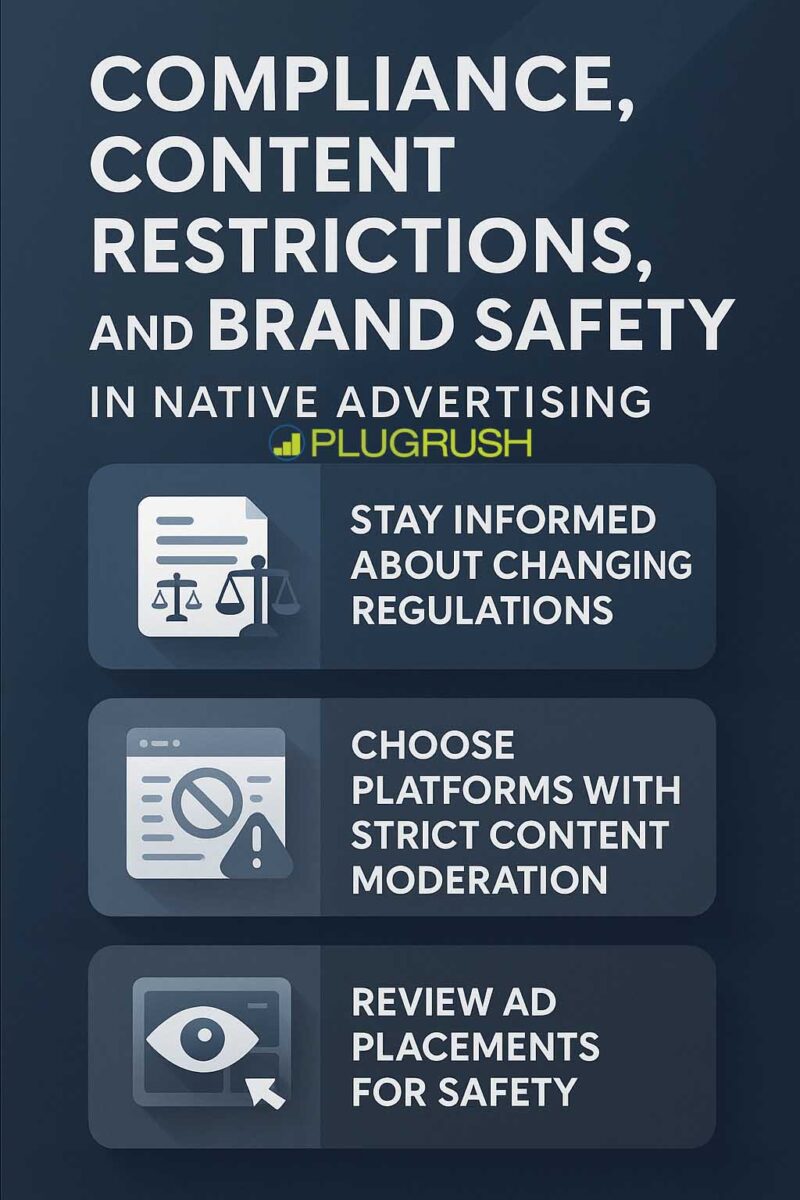 PlugRush infographic on compliance in native advertising, covering regulations, moderation, and brand safety tips.