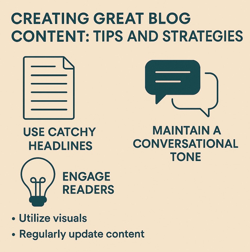 An infographic showcasing how to create great blog content including regular updates and use catchy headlines.