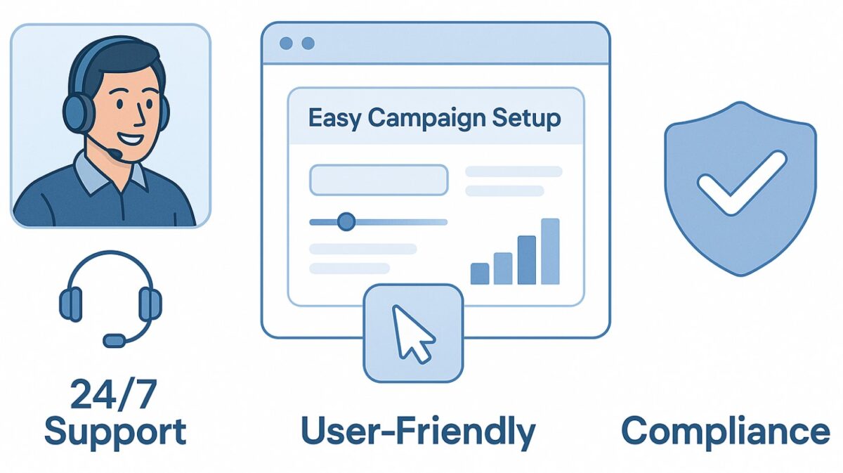 An easy campaign setup graphic with a man on a phone and 24/7 support for ad networks.