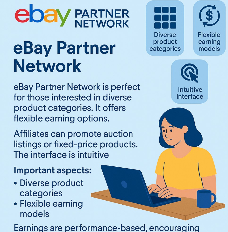 Ebay Partner Network graphic for affliate marketing, showing various pros for their system.