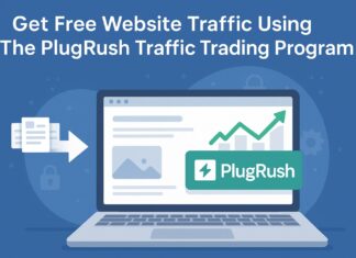 Get Free Website Traffic Using The PlugRush Traffic Trading Program Illustration of a laptop with PlugRush logo and traffic growth chart promoting free website traffic trading.