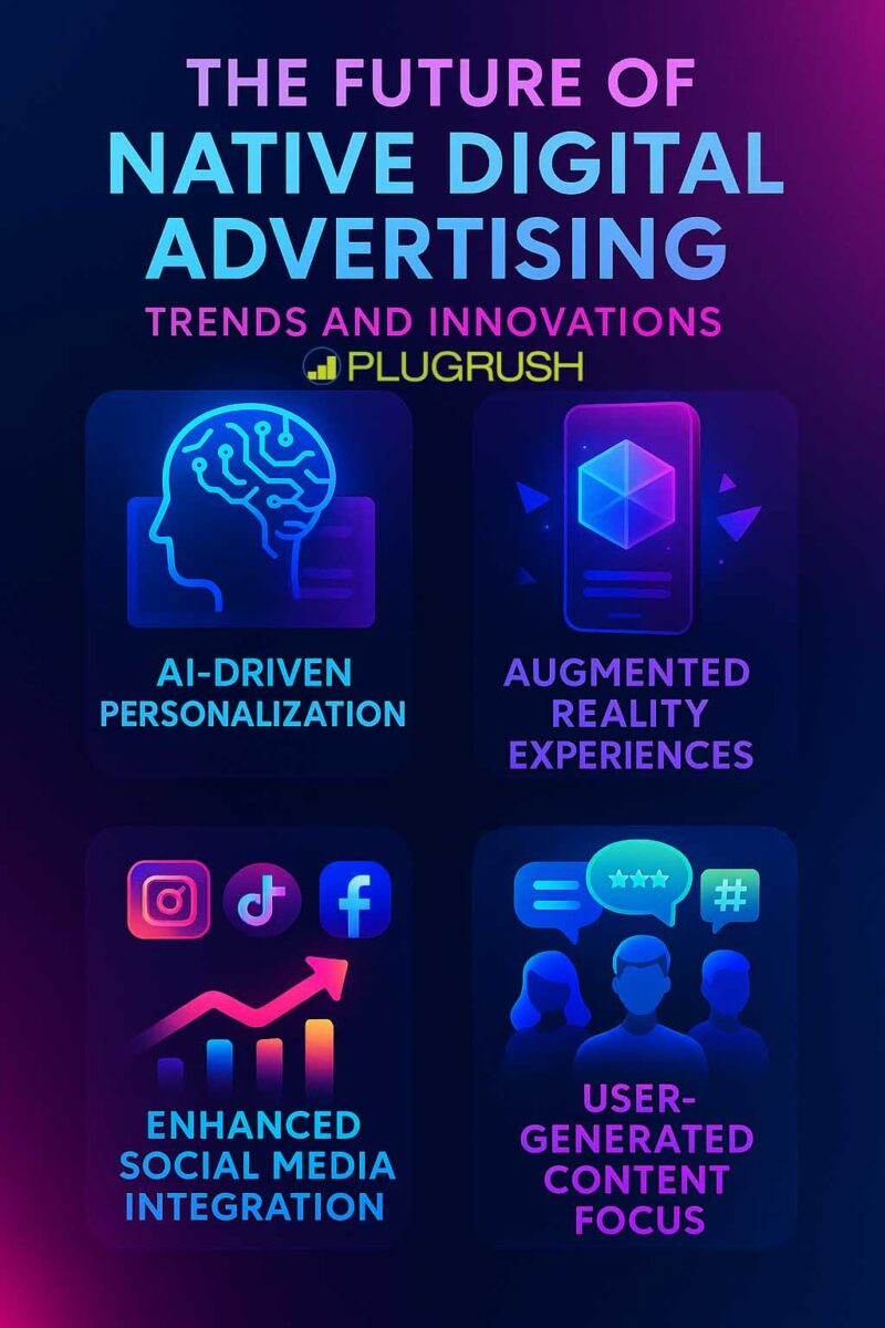 PlugRush infographic on native ad trends: AI personalization, AR, social integration, and user-generated content.