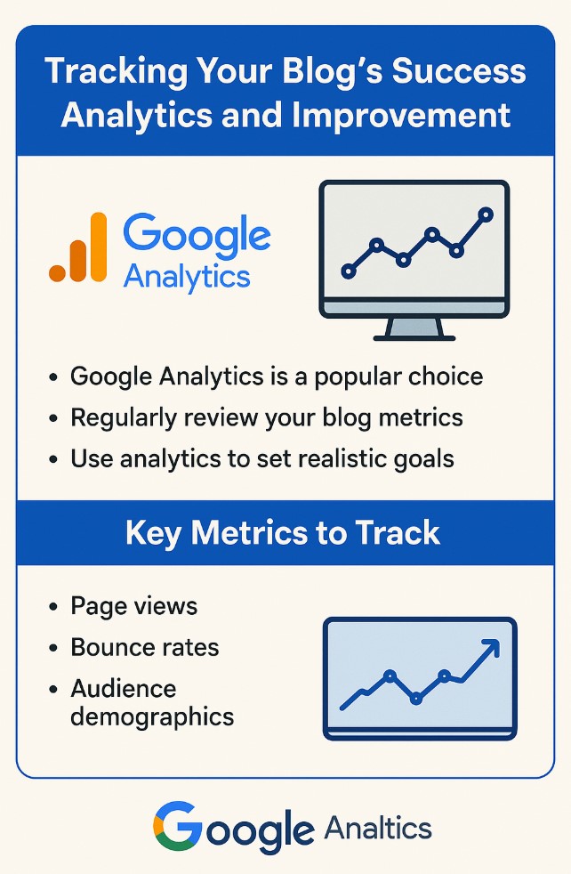 Image showing what to track using Google analytics including page views, bounce rate and audience.