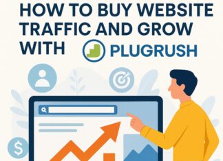 Buy Website Traffic From PlugRush Illustration of a man pointing at website analytics on a screen, showing how to buy website traffic and grow with PlugRush.