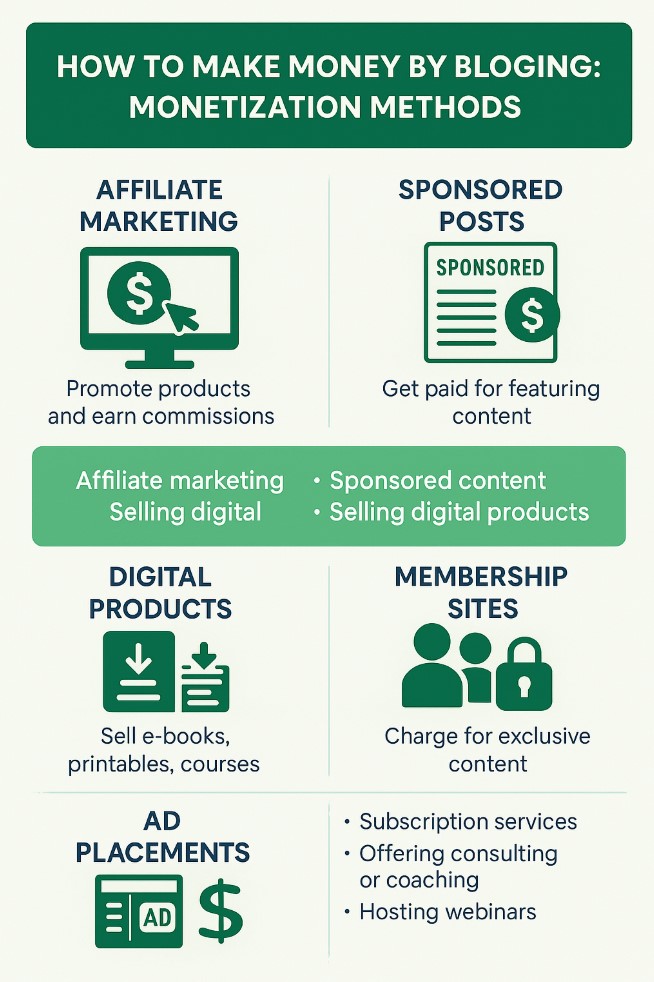 Graphic showing how to earn money blogging with affiliate marketing and digital products.