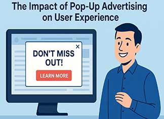 The Impact of Pop-Up Advertising on User Experience Computer generated smiling man next to a screen showing a pop-up ad saying 'Don't Miss Out!' with a red 'Learn More' button.