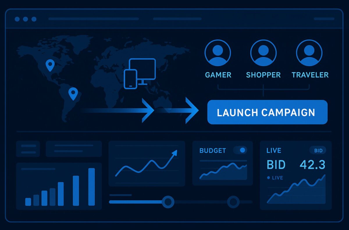 An infographic showing a gamer, shopper and traveler icon with a Launch Campaign button and various statistics.