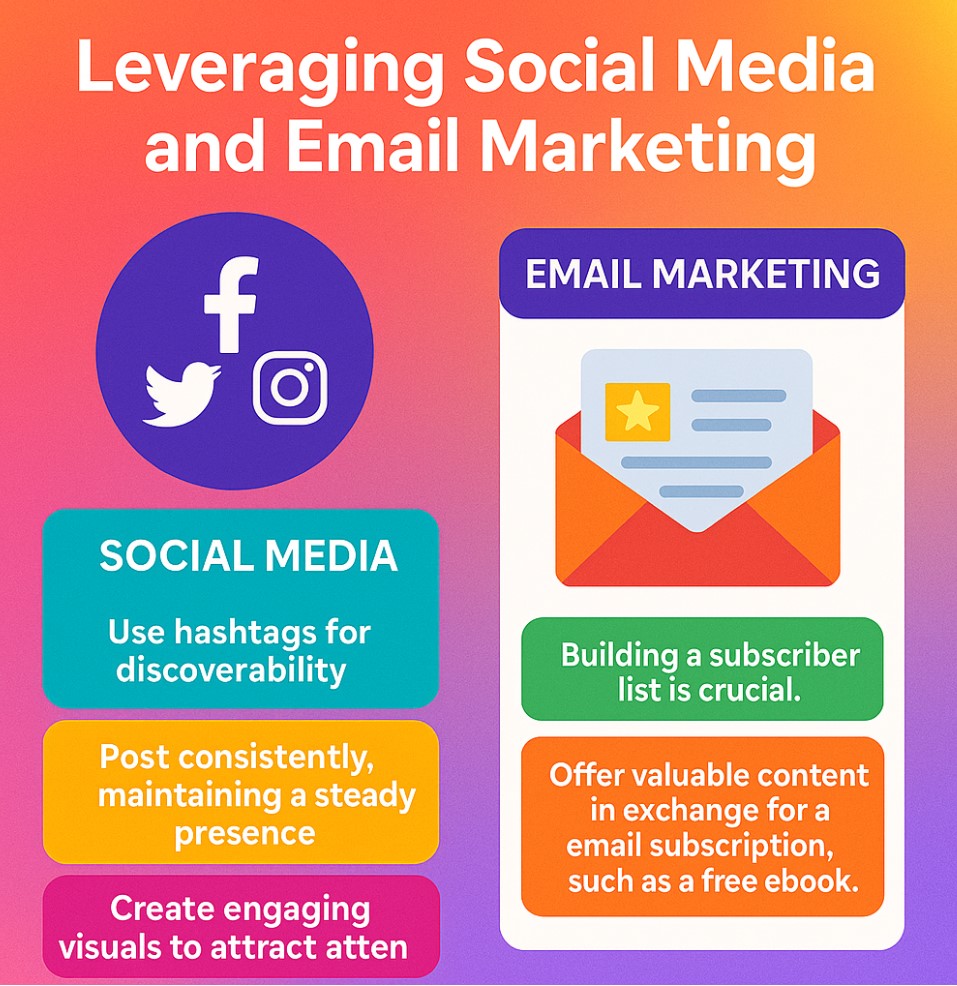 A vibrant and colorful graphic showing how to leverage social media and email marketing.