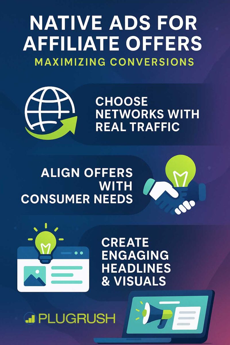Infographic showing tips for native ads: real traffic, matching offers, engaging headlines, with PlugRush branding.
