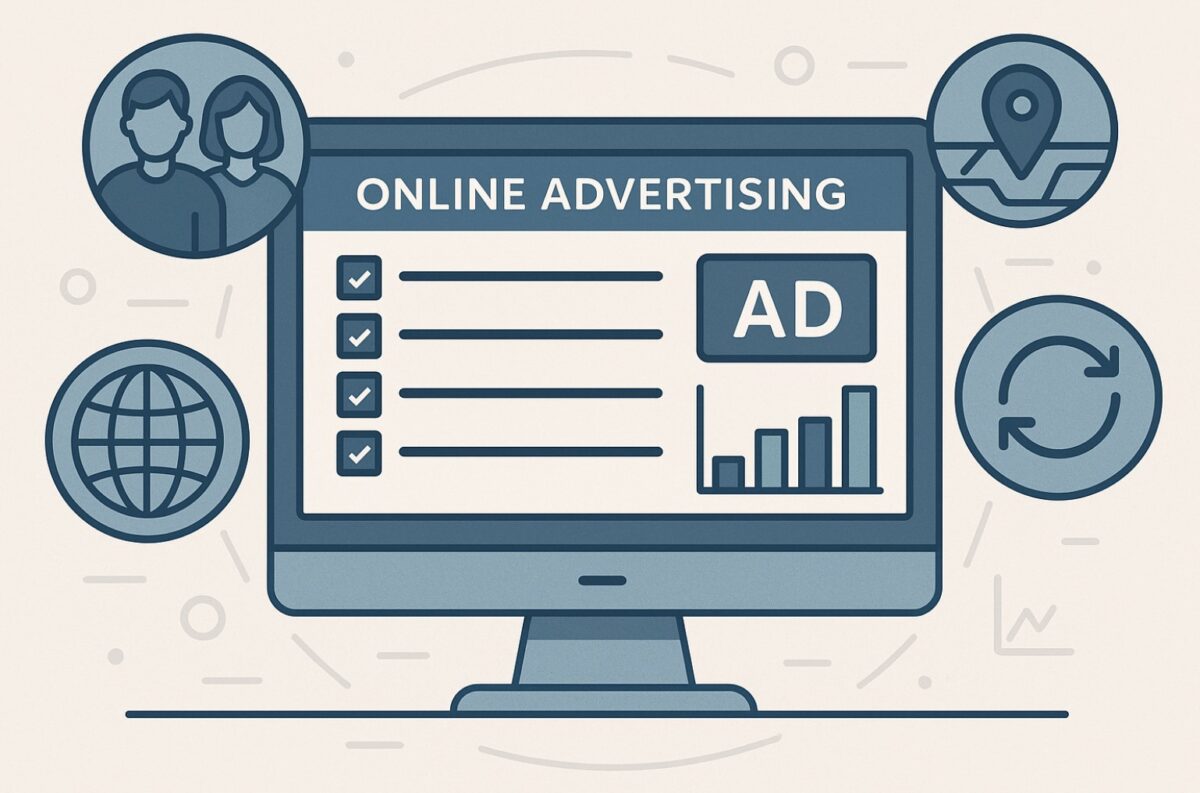 A computer monitor showing how to utilize online advertising with various icons.