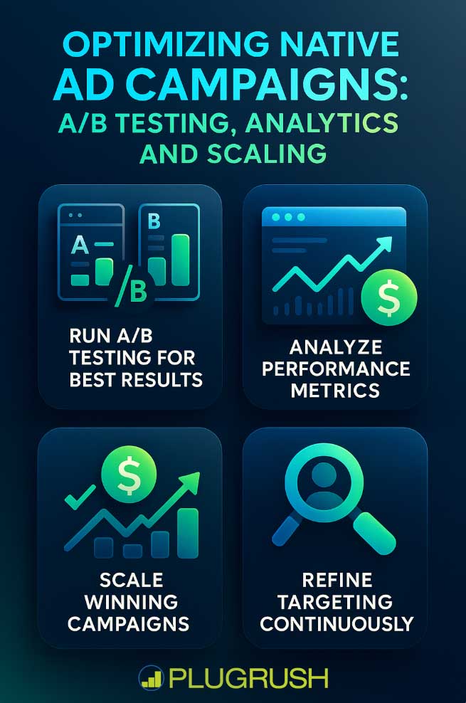 PlugRush infographic on optimizing native ad campaigns with A/B testing, analytics, scaling, and refined targeting.