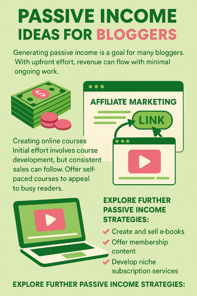 A graphic showing passive income ideas for bloggers including affiliate marketing and creating online courses.