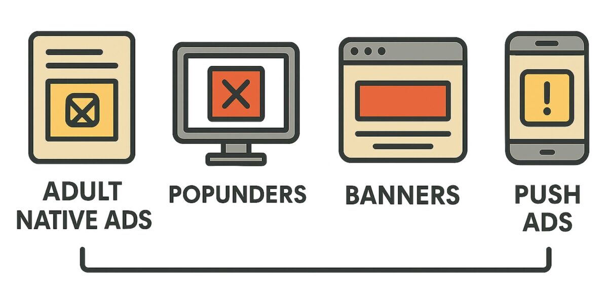 Graphics showing Adult Native Ads, Popunders, Banners and Push Ads.