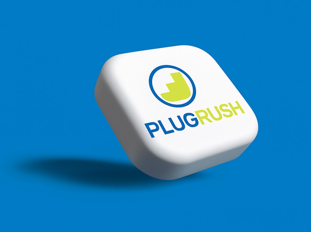 A white floating 3D object with the PlugRush logo and text enscribed on it.