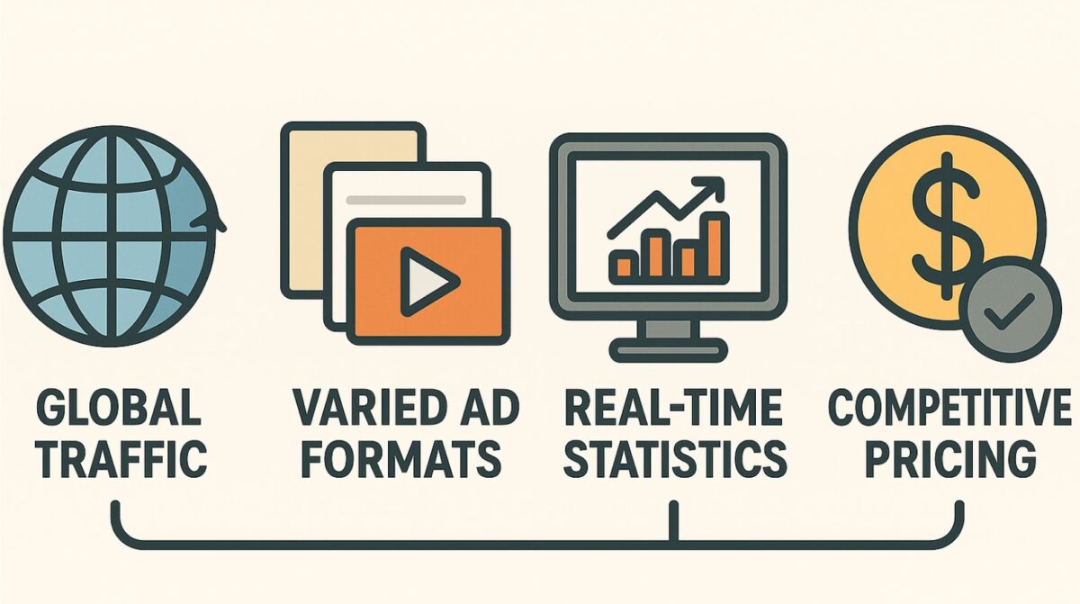 Various graphics showing Global Traffic, Varied Ad Formats, Real Time Statistics and competitive pricing.