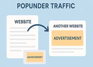 Understanding Popunder Traffic: A Comprehensive Guide Diagram showing how popunder ads drive traffic from one website to another by opening an advertisement in a new browser window behind the main site.