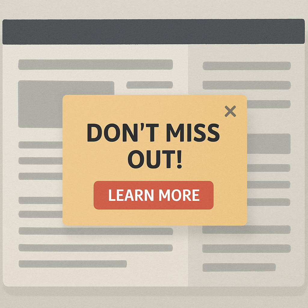 Pop-up advertising example with a message saying “Don’t Miss Out!” and a red “Learn More” button.