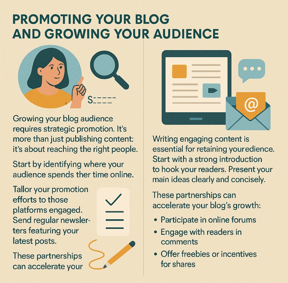 Graphics showing how to promote and grow your audience on your blog website.