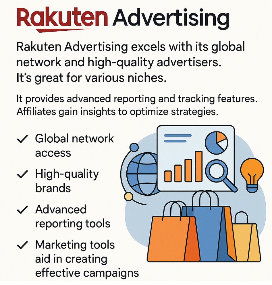 Rakuten Advertising graphic showing various strengths their affiliate program offers.