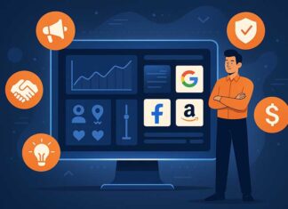 How to Choose the Right Ad Network A man standing next to graphics determining how to choose the right ad network.