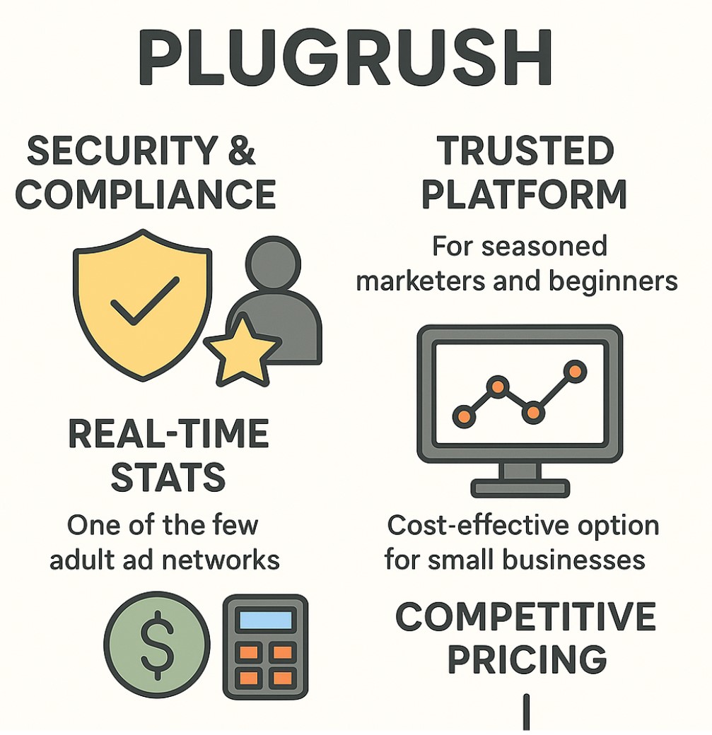 An infographic showing various features from the ad-network PlugRush.