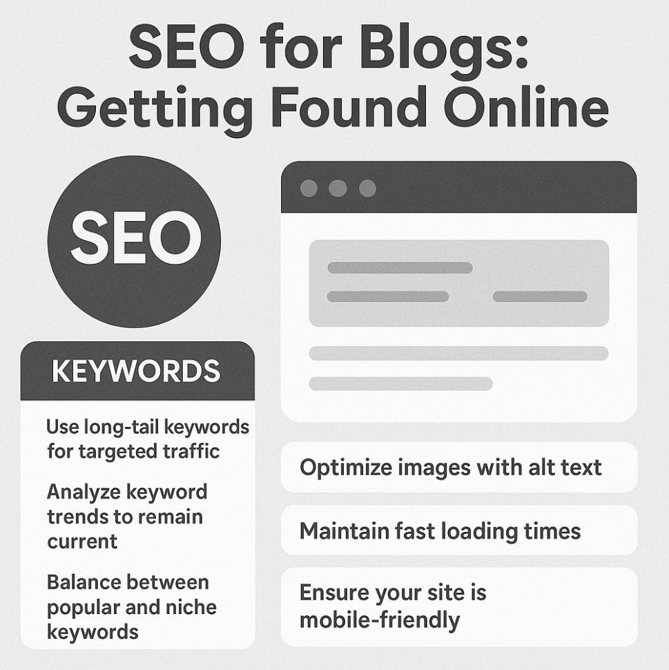 Infographic with text saying how to do SEO for blog websites including keywords and maintaining fast load times.