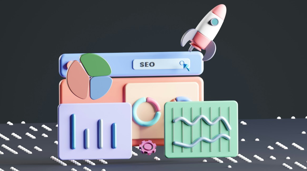 3D illustration of SEO dashboard with charts, graphs, and a rocket launching upward.