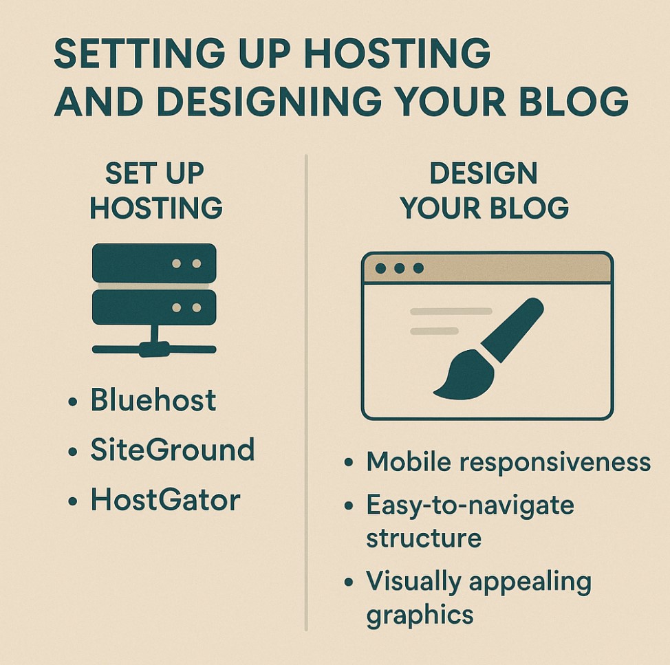Graphic showing how to set up hosting and designing your new blog.