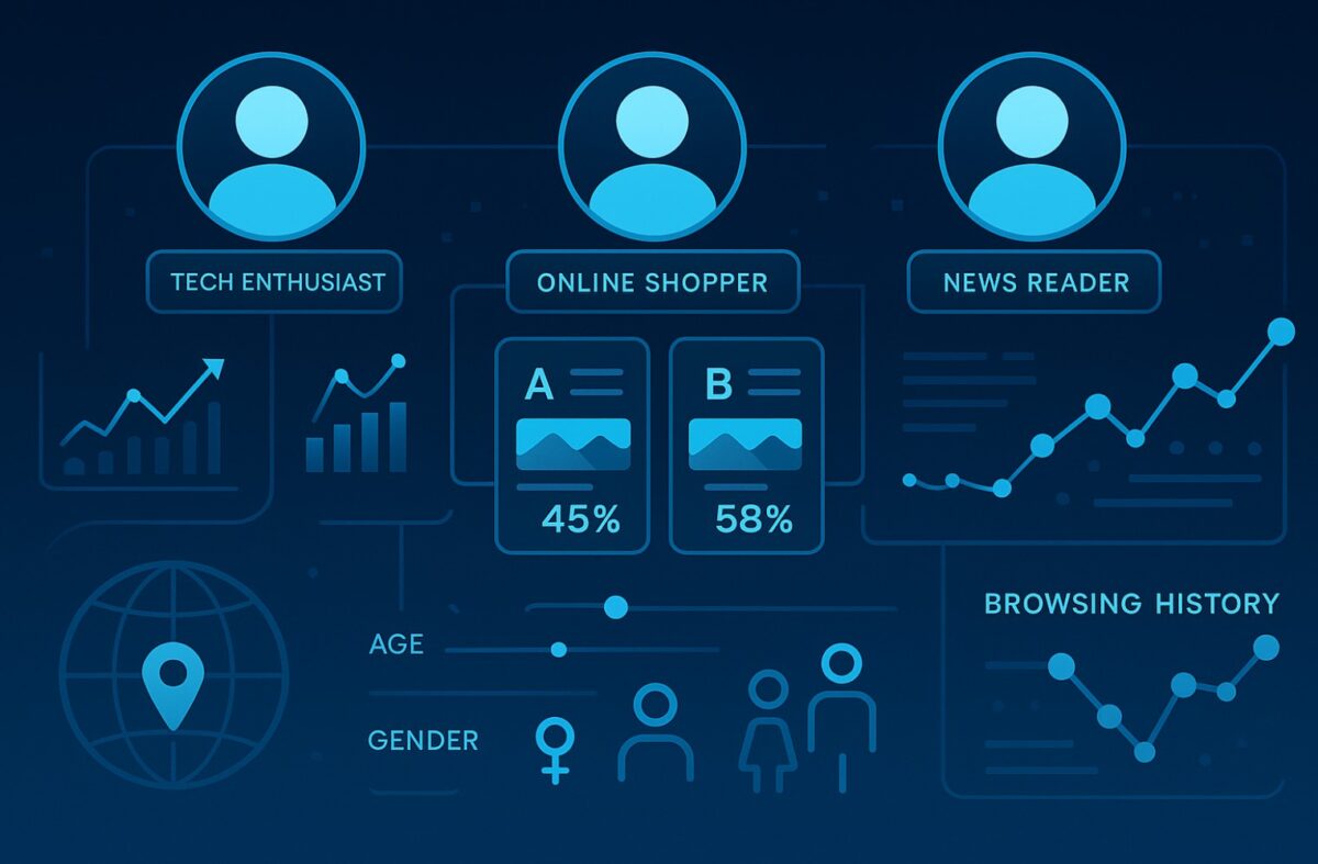Various graphics including a tech enthusiast, an online shopper and news reader and their statistics.