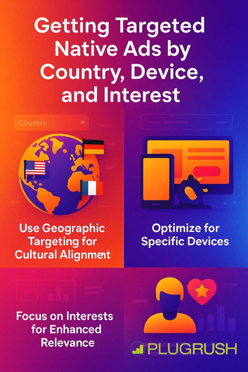 Infographic with PlugRush branding showing tips for targeting native ads by country, device, and user interest.