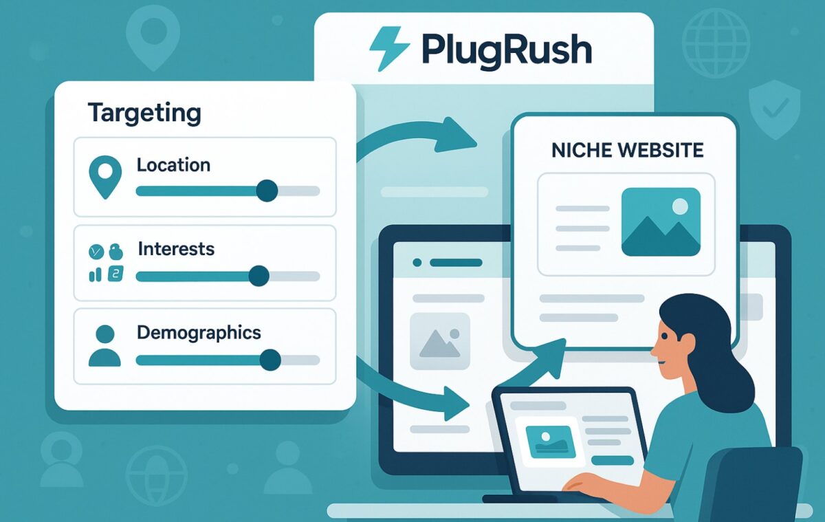 User customizing PlugRush targeting settings to drive niche traffic using location and interest filters.