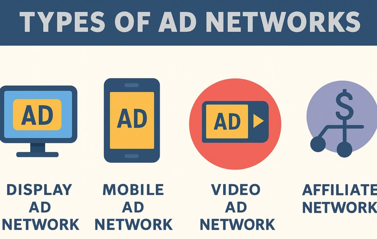 Types of Ad Networks: Display, Mobile, Video, and Affiliate, each shown with icons and labeled underneath.