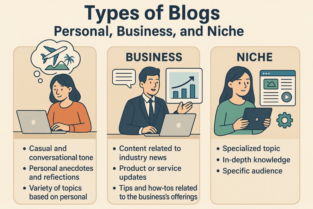A graphic showing different types of blogs, including Personal, Business and Niche.