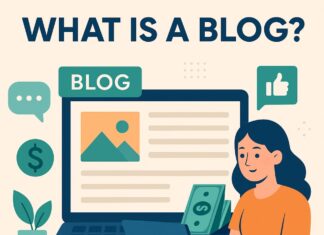 What Is A Blog And How To Earn Money From A Blog Illustration of a person blogging on a laptop with icons representing ideas, communication, and content creation answering the question: What is a blog?