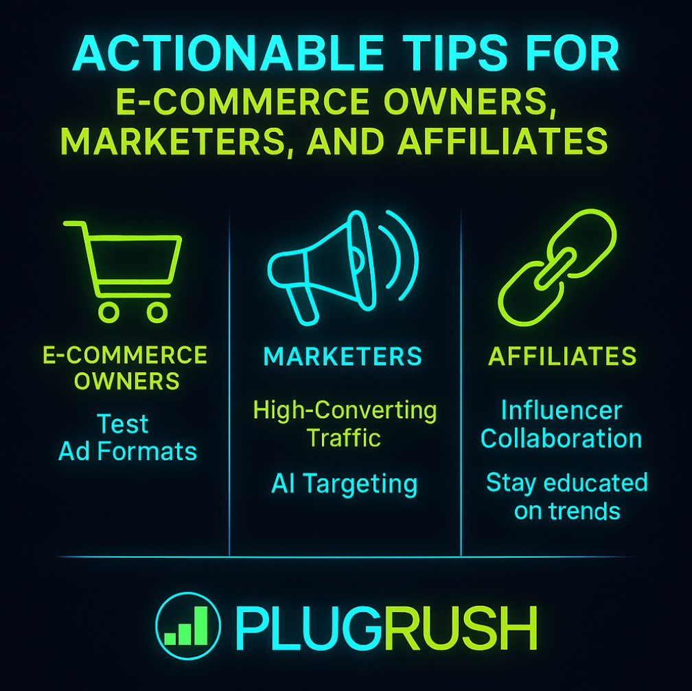 Infographic showing actionable tips for e-commerce owners, marketers, and affiliates with neon icons and strategies.