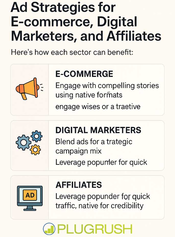 Infographic showing ad strategies for e-commerce, digital marketers, and affiliates with native and popunder ads.