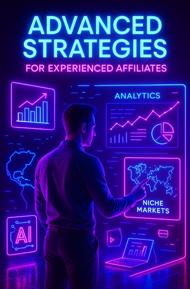 Neon 3D image of a man using holographic analytics charts, world map, and AI icon with title ‘Advanced Strategies for Experienced Affiliates’.