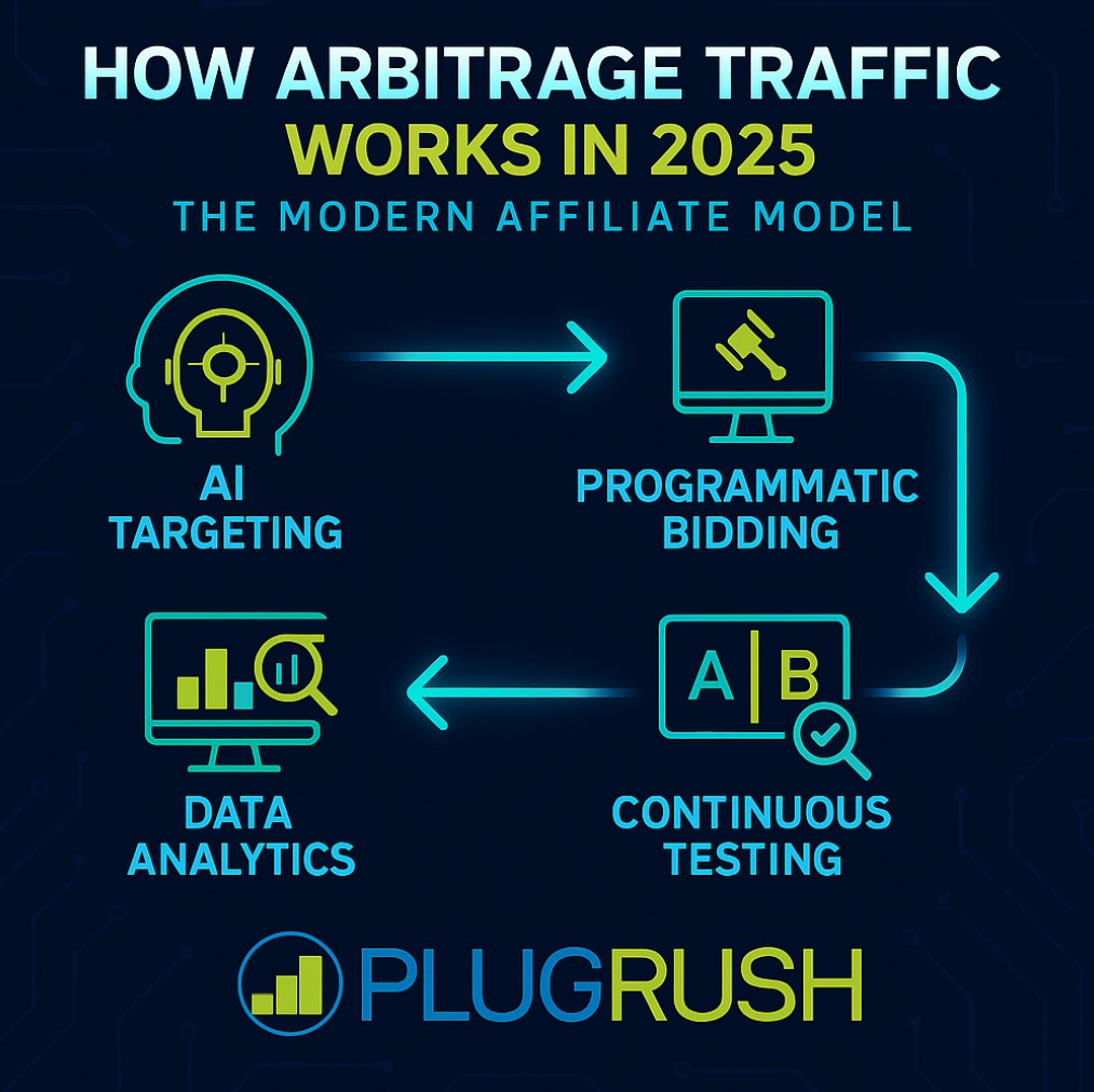 Infographic showing how arbitrage traffic works in 2025 with AI targeting, programmatic bidding, data analytics, and continuous testing.