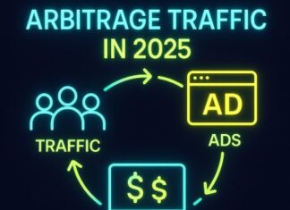 Arbitrage Traffic in 2025 How Affiliates Profit From Buying Selling & Traffic Square infographic titled Arbitrage Traffic in 2025 showing traffic, ads, and profit cycle with PlugRush logo.