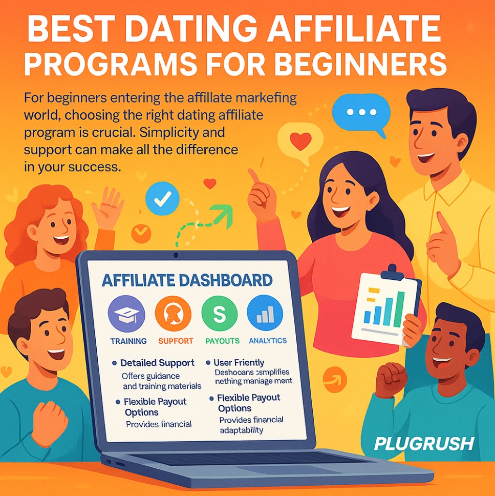 Colorful illustration of beginners learning dating affiliate programs with a laptop showing training, support, payouts, and analytics, featuring the PlugRush logo.