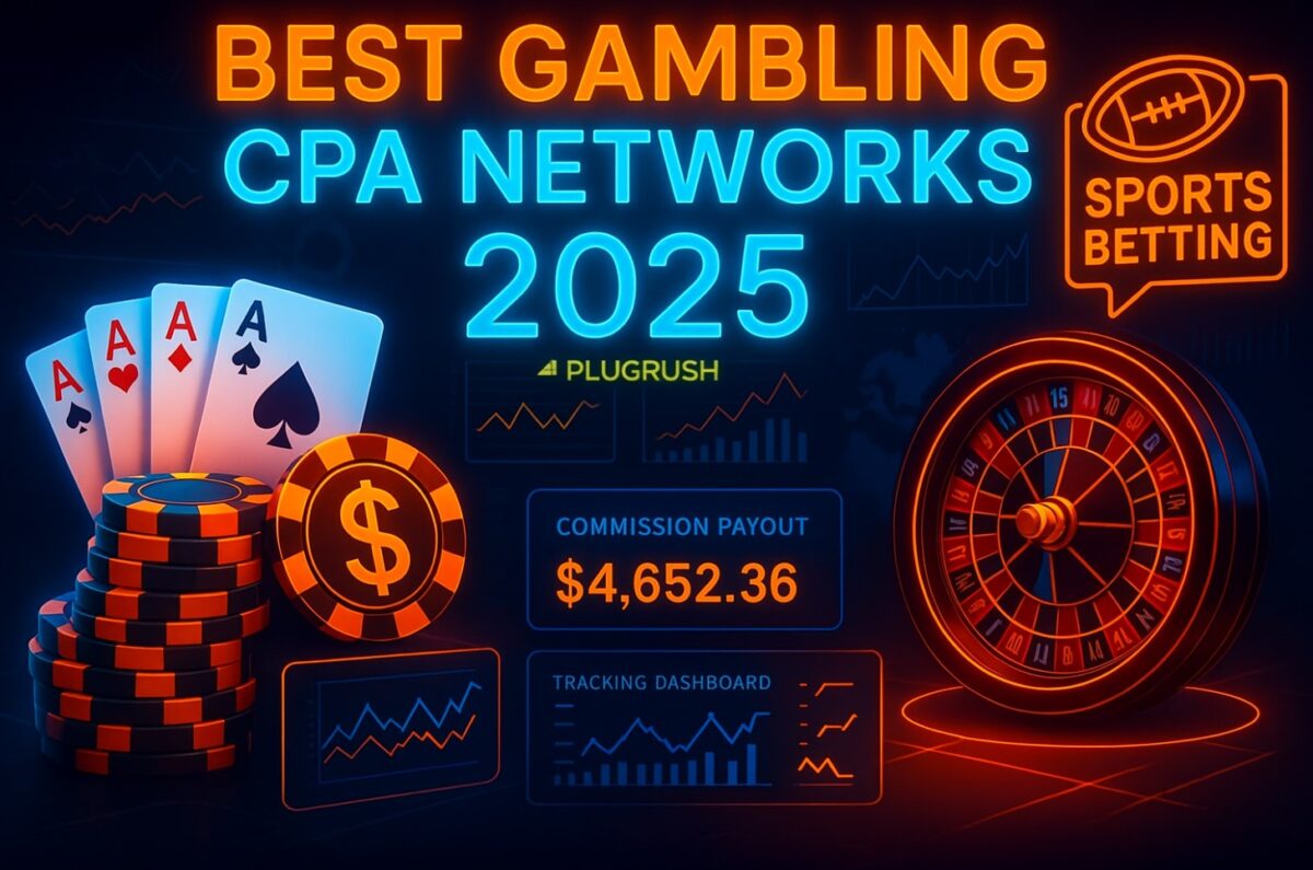 Infograph in 3D and neon that says Best Gambling CPA Networks 2025 with poker chips and roullete.