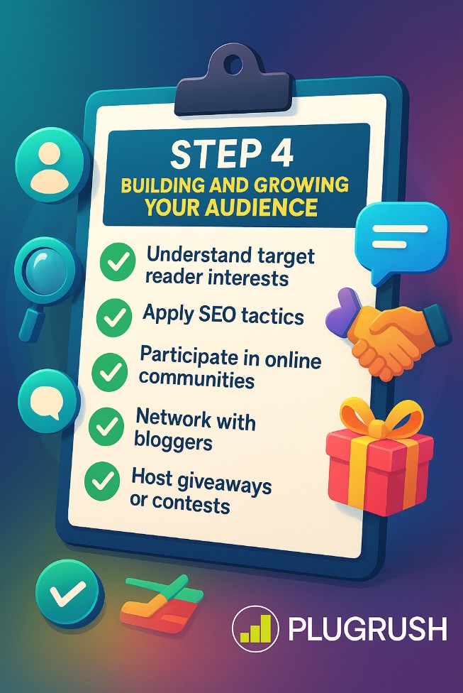 Colorful Step 4 checklist on a clipboard with icons for audience targeting, SEO, community engagement, networking, and giveaways, plus PlugRush logo.